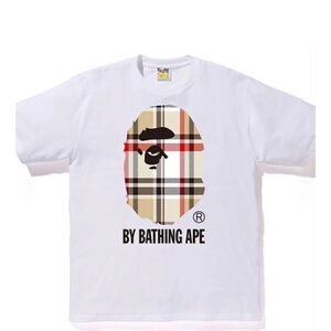 A Bathing Ape White Logo Tee with Plaid Ape Head